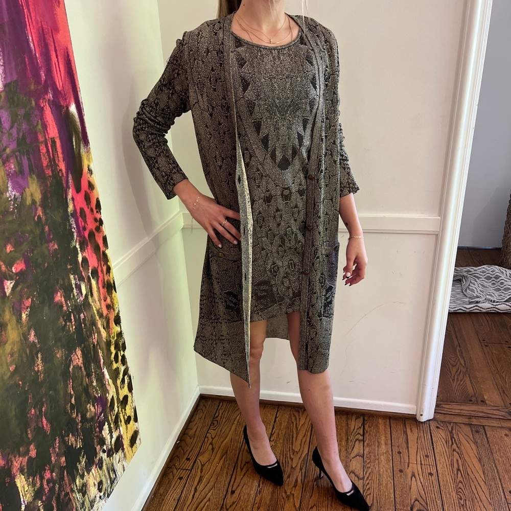 Chanel Brown-Gray Tonal Geometric Print Knit Tank Dress & Matching Jacket Sz40  